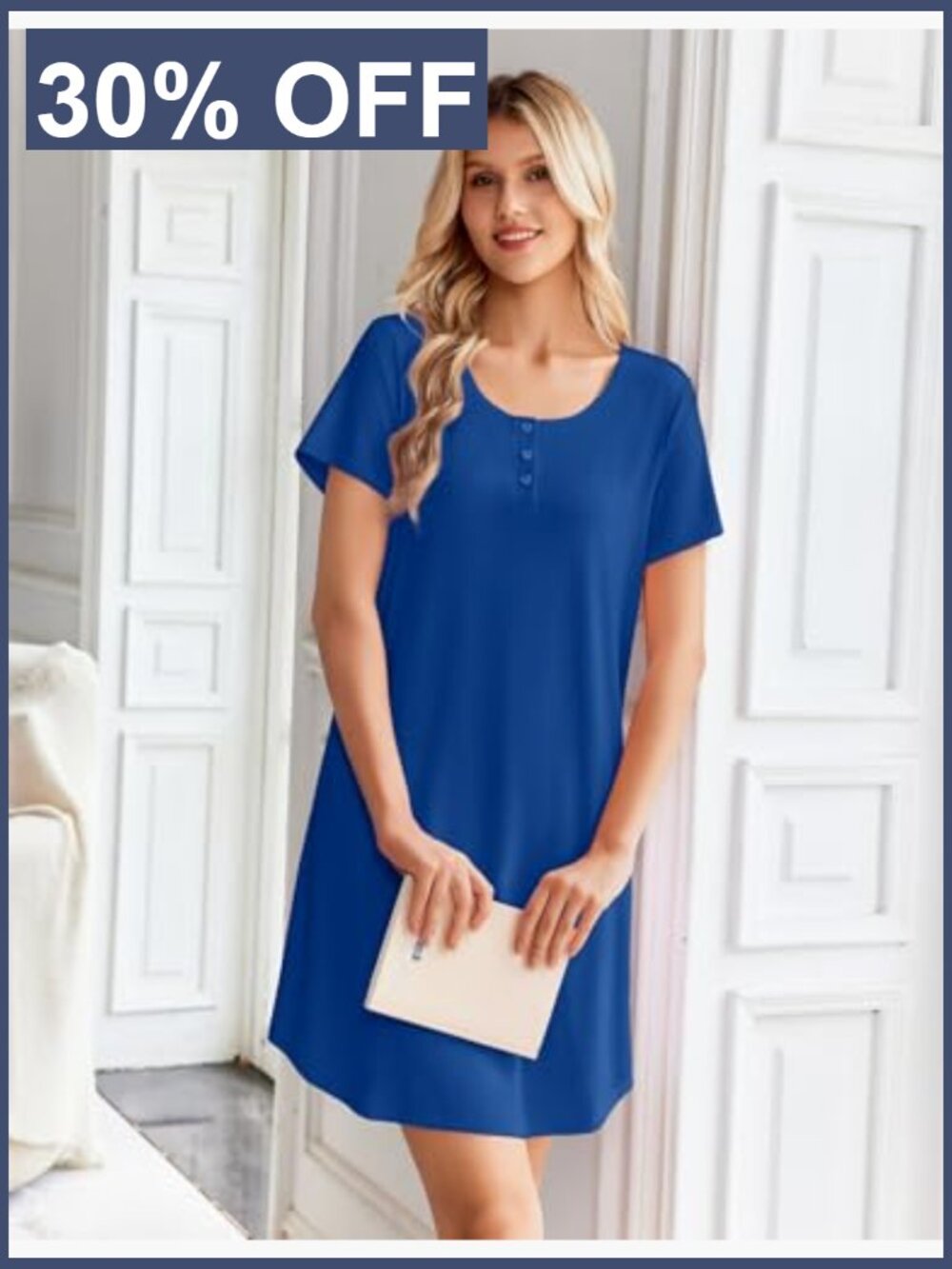 Bamboo Viscose Short Sleeve Nightgown Sleep Shirt with Henley Neckline - Picture 3 of 7